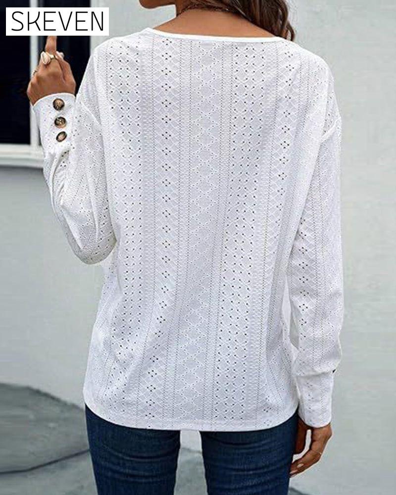 Casual V-Neck Hollow Solid Color Blouse