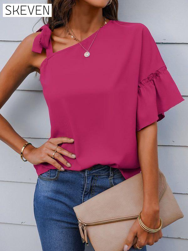 Women's fashion diagonal collar Ruffle Sleeve Chiffon Top clothes off the shoulder shirt shirt shirts short sleeve short sleeve shirt short sleeve top tops Tops/Blouses