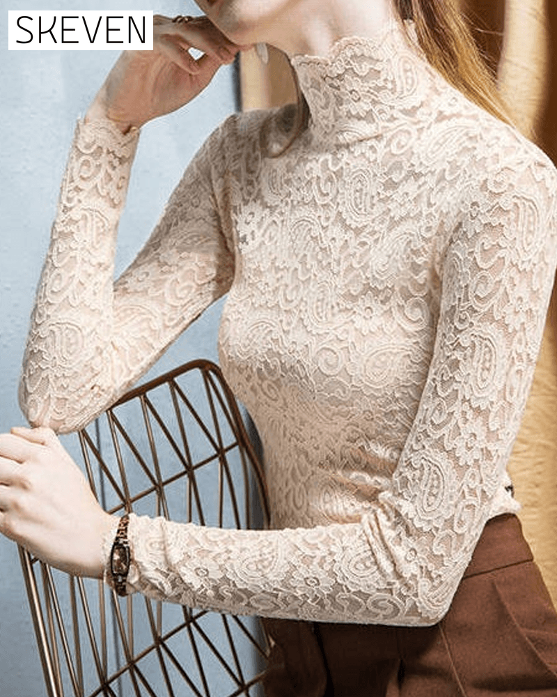 Elegant Solid Half Neckline Long Sleeve Lace Top