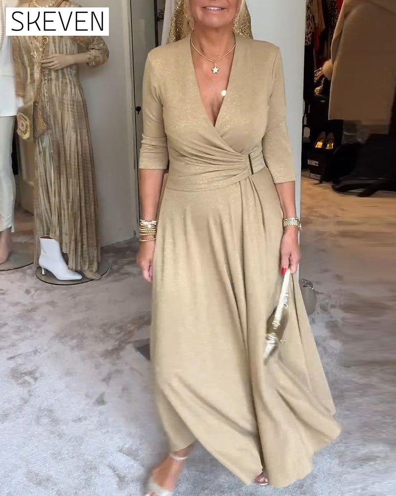 Elegant solid color V-neck three-quarter sleeve dress 2023 f/w casual dresses spring