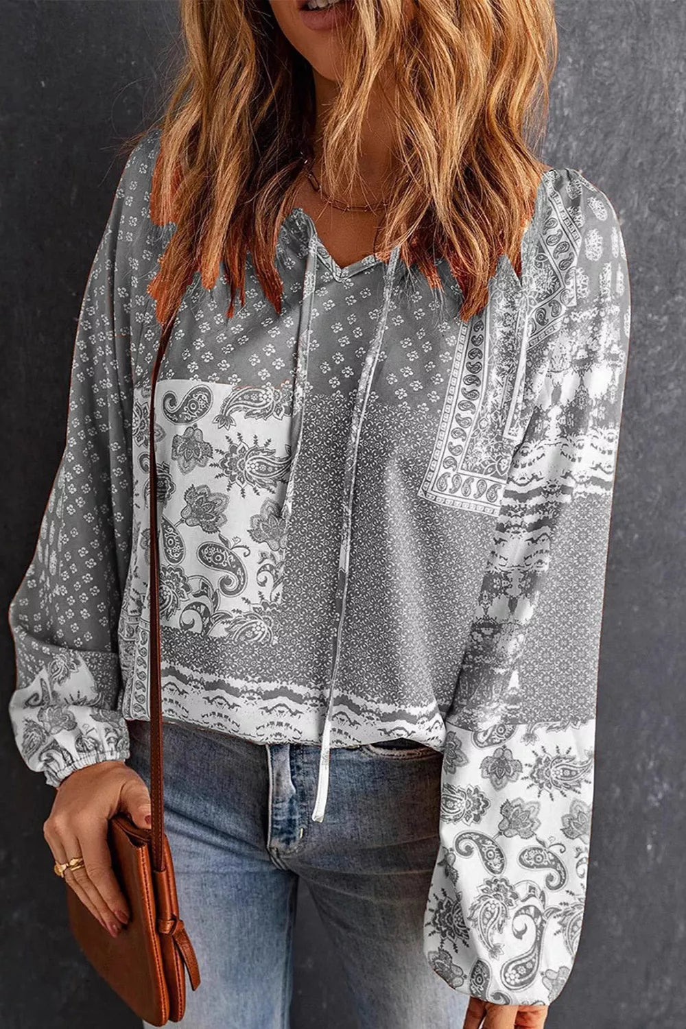 Full Size Paisley Print Tie-Neck Long Sleeve Blouse Plus Size