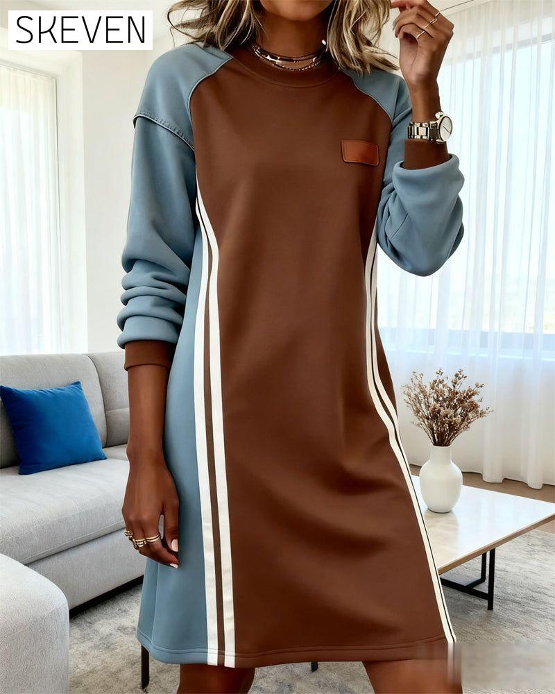 Long-Sleeved Color Block Round Neck Straight Dress