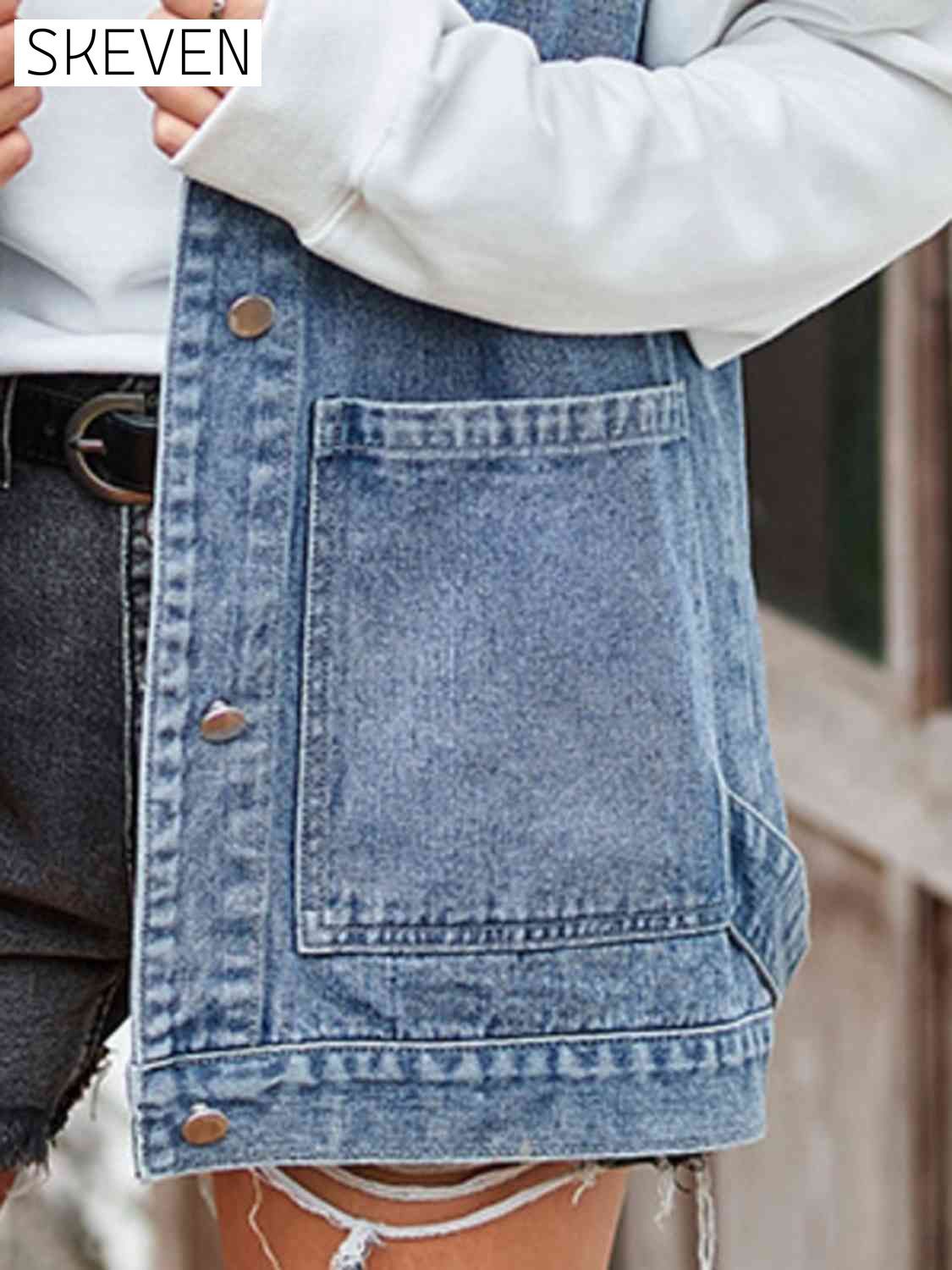 Button Up Sleeveless Denim Jacket with Pockets clothes Manny Ship From Overseas