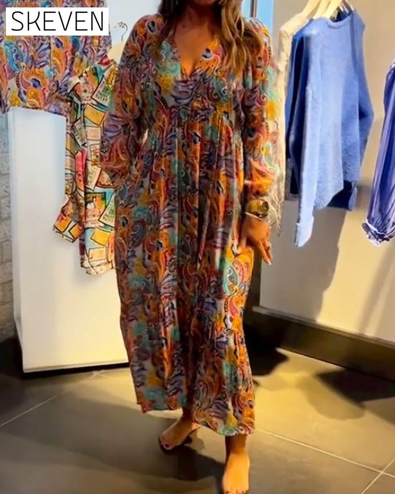 Maxikleid mit Print, V-Ausschnitt und A-Linien-Form