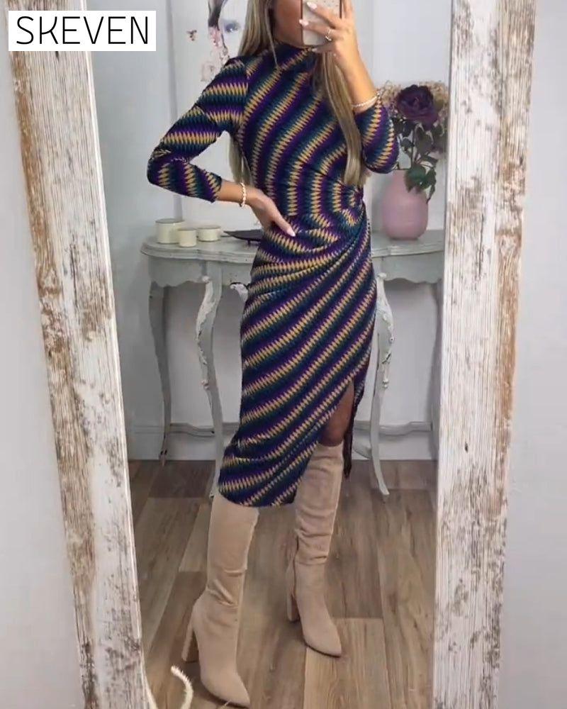 Sexy Dress with Striped and High Neck