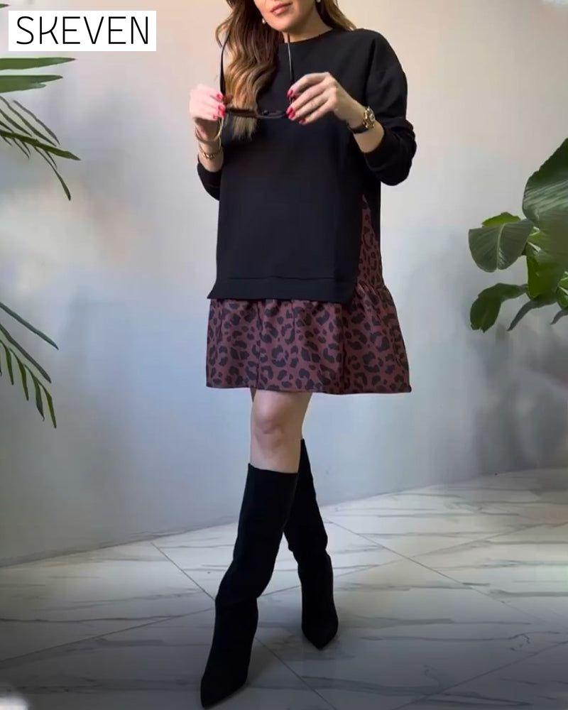 Patchwork leopard print casual dress