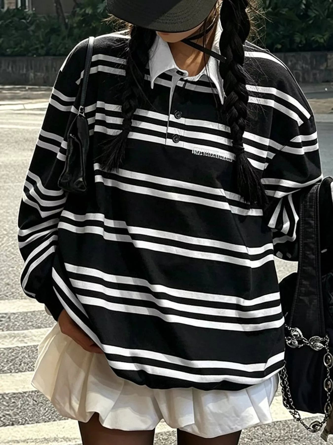 Oversized Striped  Contrast Collar Polo Top