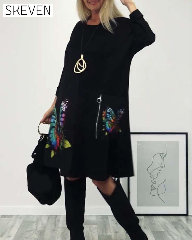 robe à manches longues imprimée papillon avec poches