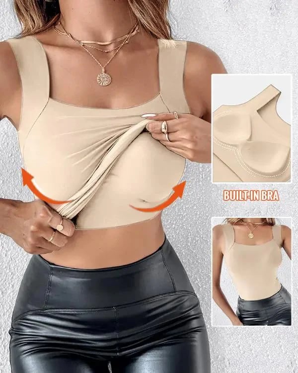 🔥Last Day Special Price ￡8.99!!💐Women's U Neck Camisole High Strechy Seamless Built-in Bra Padded Tank Tops