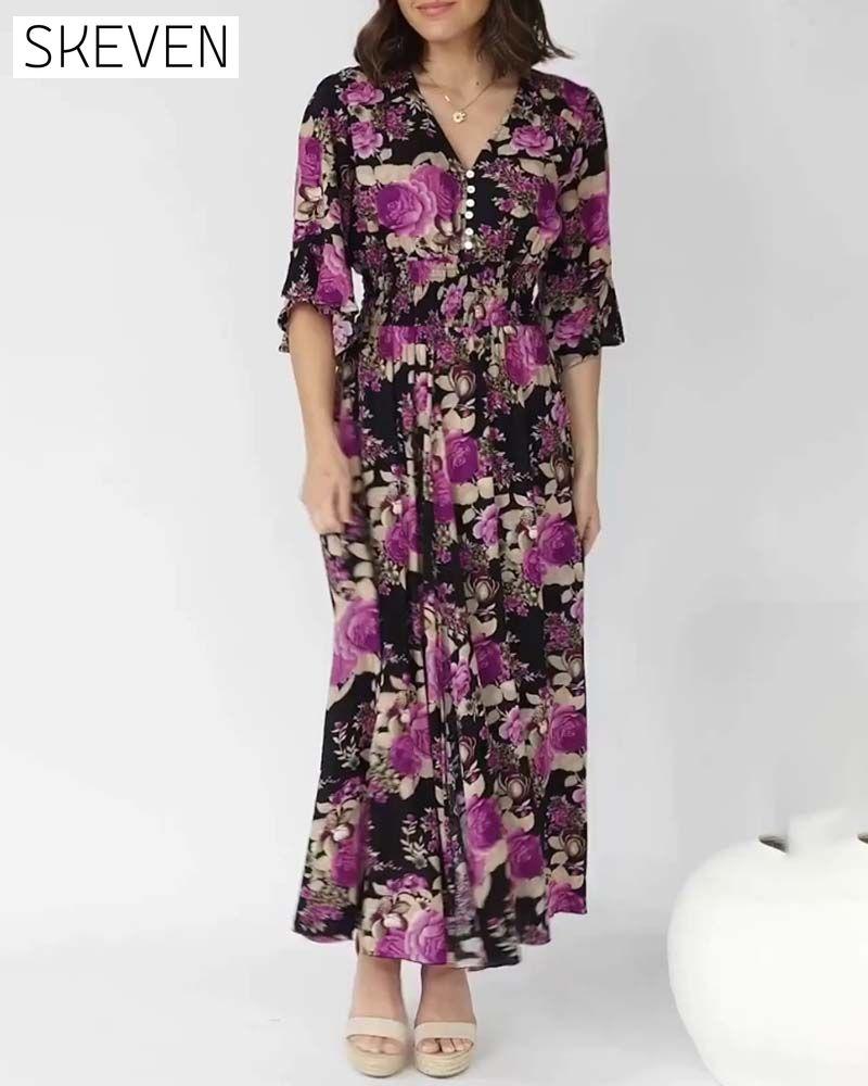 Floral Print V Neck Maxi Dress
