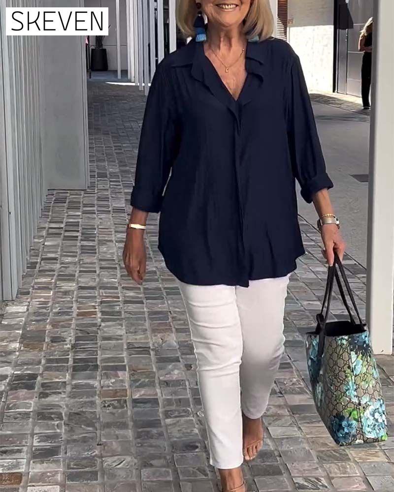 Lapel solid color loose blouse