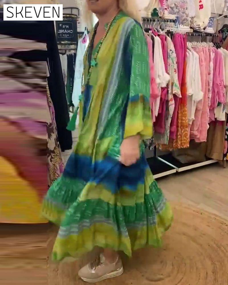 Printed casual V-neck flare sleeve long dress casual dresses spring summer vacation dresses