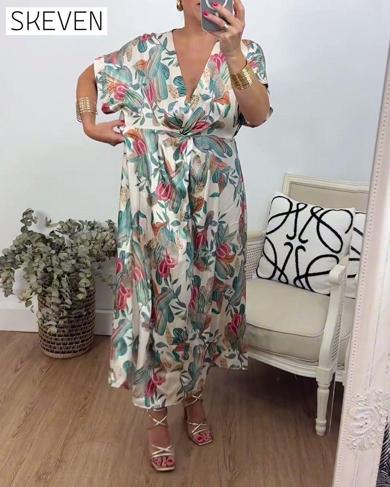 Botanical print v-neck twist elegant dress