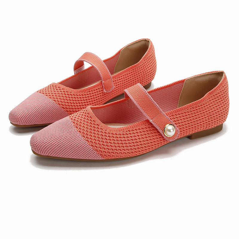 Mary Jane Japanese-style Womens Knit Ballet Flats With A Single Strap And A Square Toe