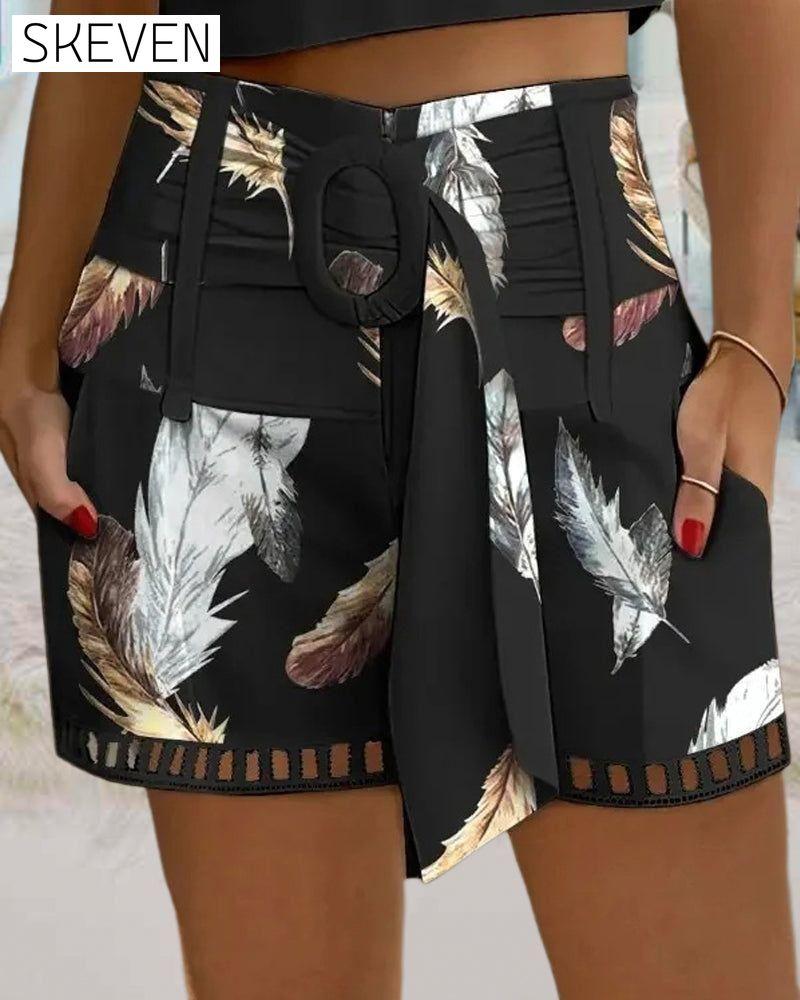 Feather print cutout elegant shorts shorts summer