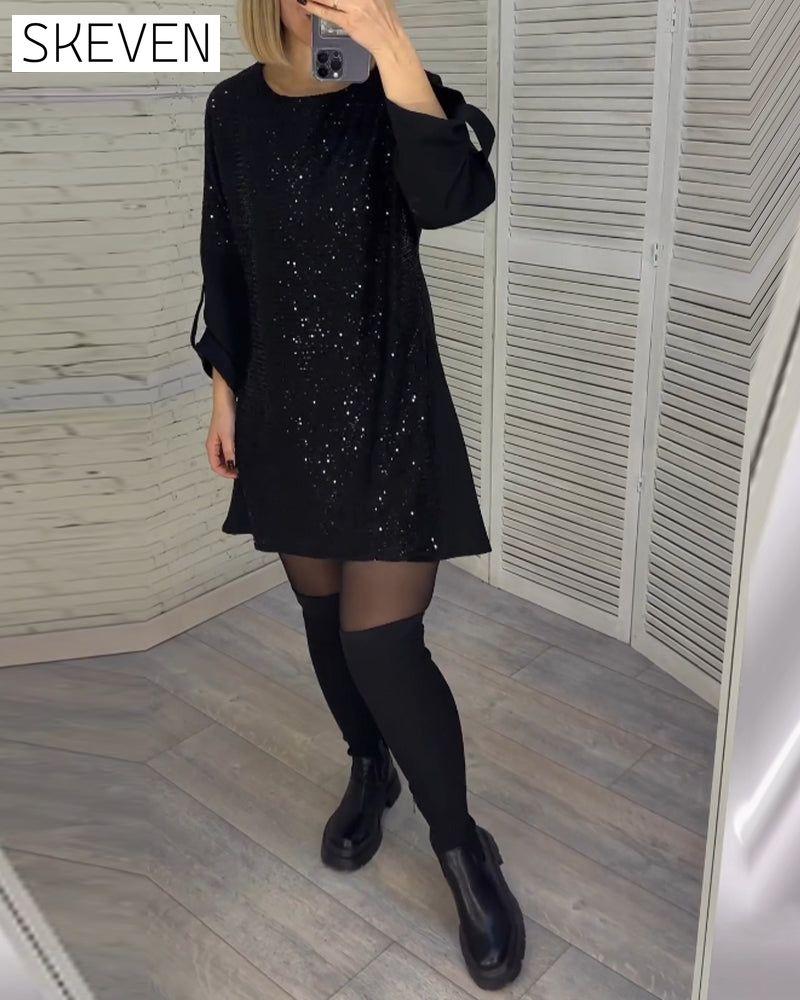 Sequin ruched sleeve dress