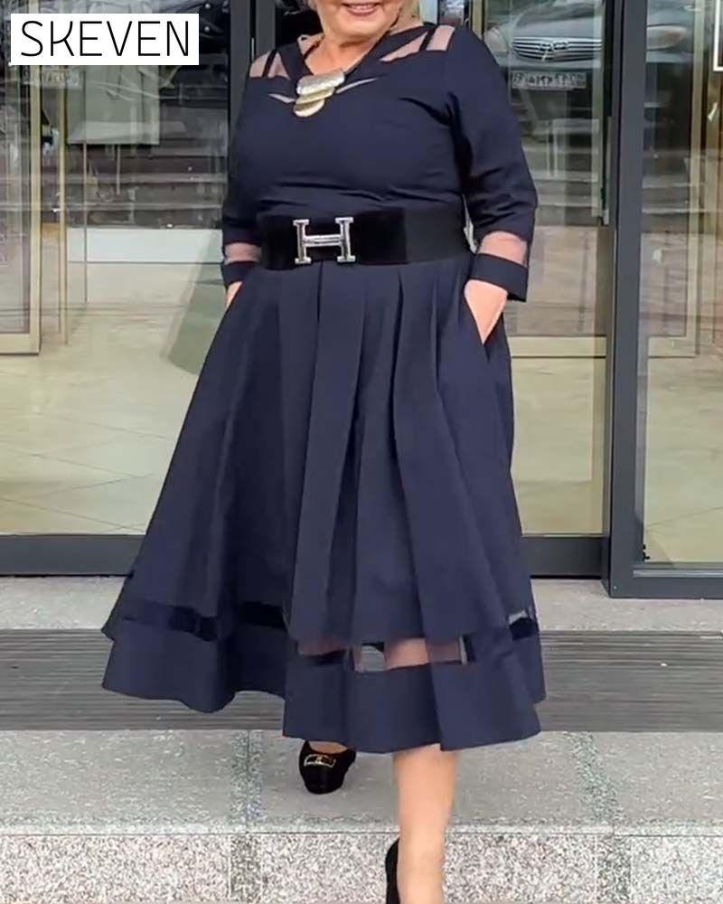 Mesh Round Neck Patchwork Slit Dress 2024 f/w dresses