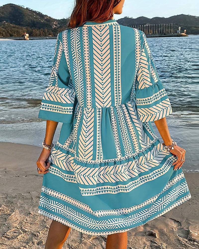 Stand Collar Geometric Print Dress