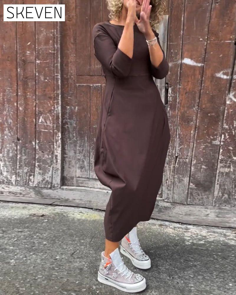 Simple solid color pocket long sleeve elegant dress