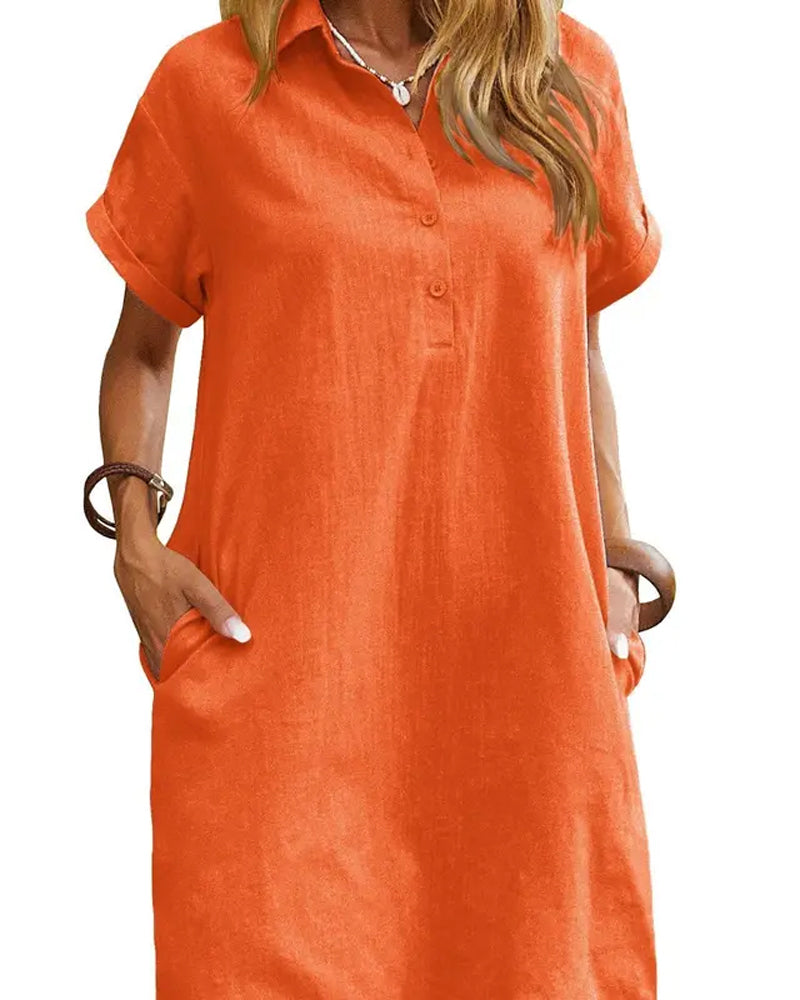Lapel Button Split Short Sleeve Casual Dress