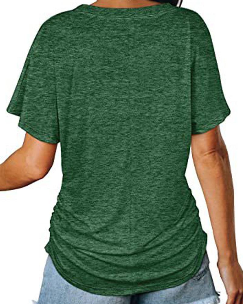 Pleated Solid Color V-Neck T-Shirt