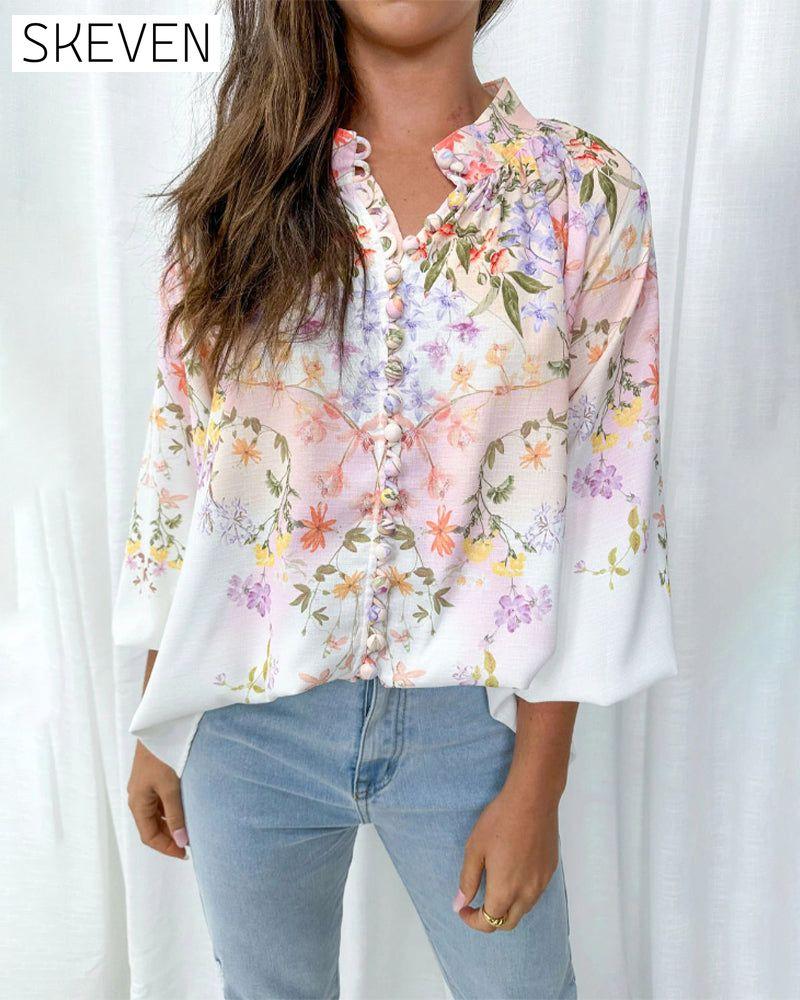 Floral print lantern sleeve button blouse 202466 blouses & shirts spring summer