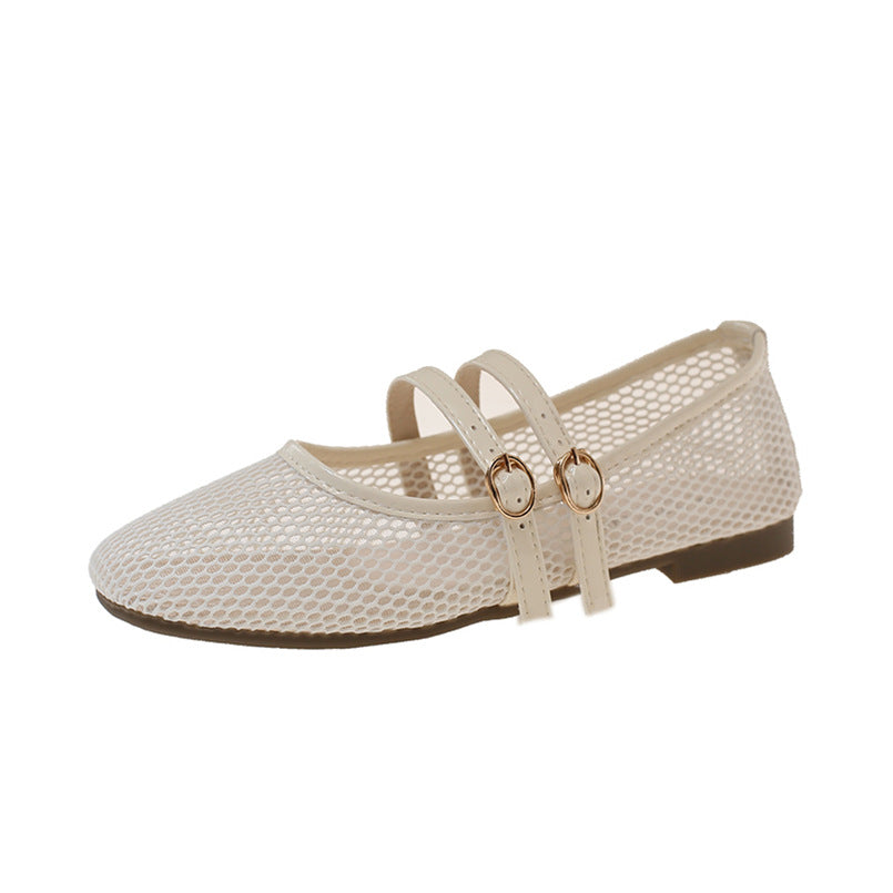 Mary Jane Round-toe Peep-toe Flat-heeled Buckle Sandals