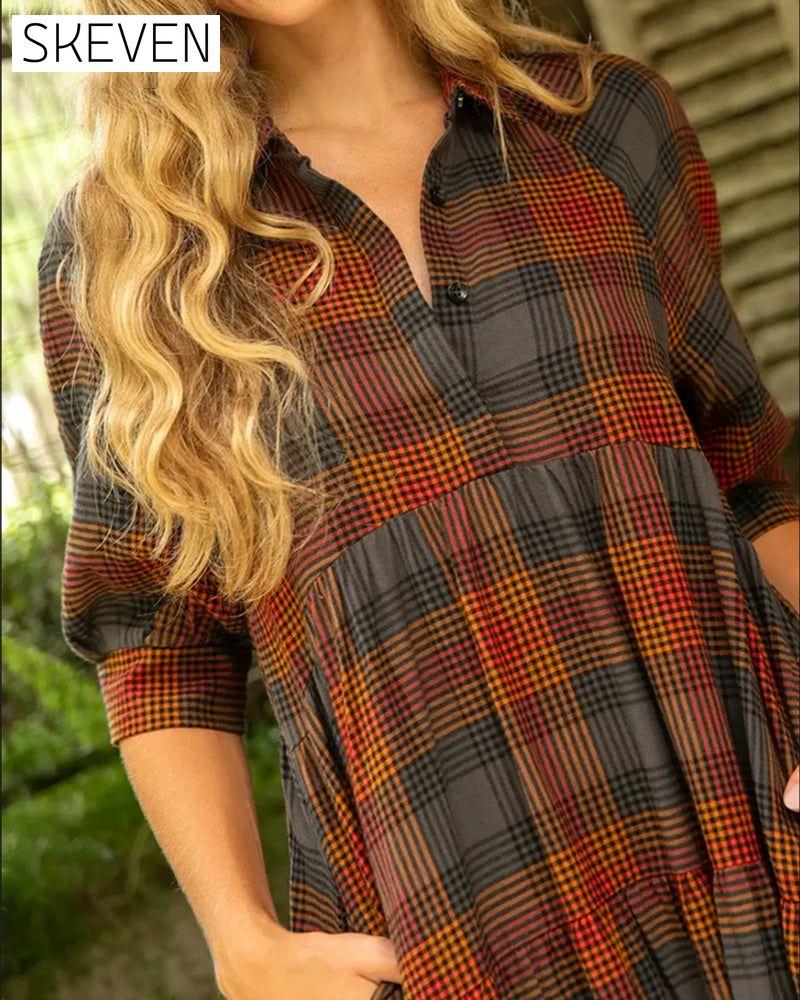 Lapel Plaid Half-Sleeved Dress