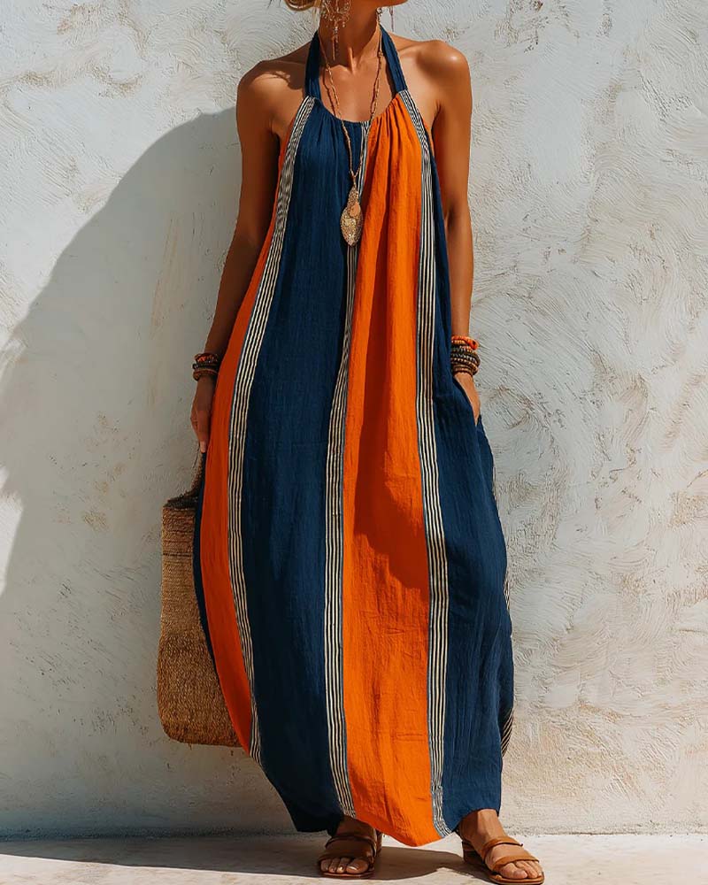 Color Block Vertical Stripe Halter Dress