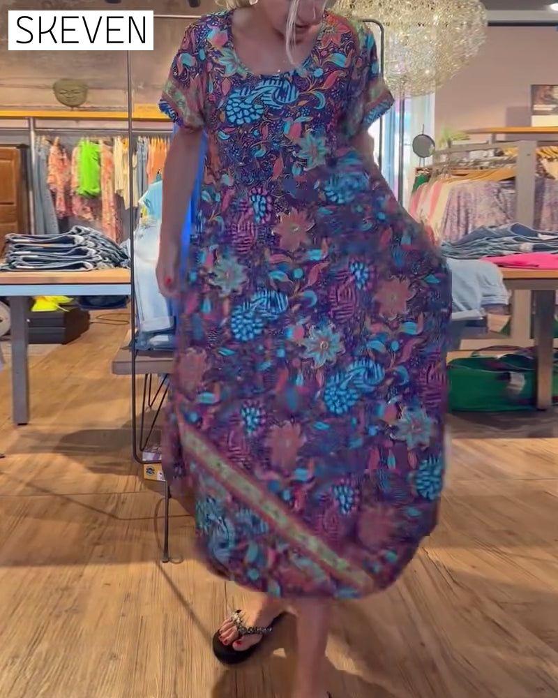 robe longue imprimée à manches courtes et col rond