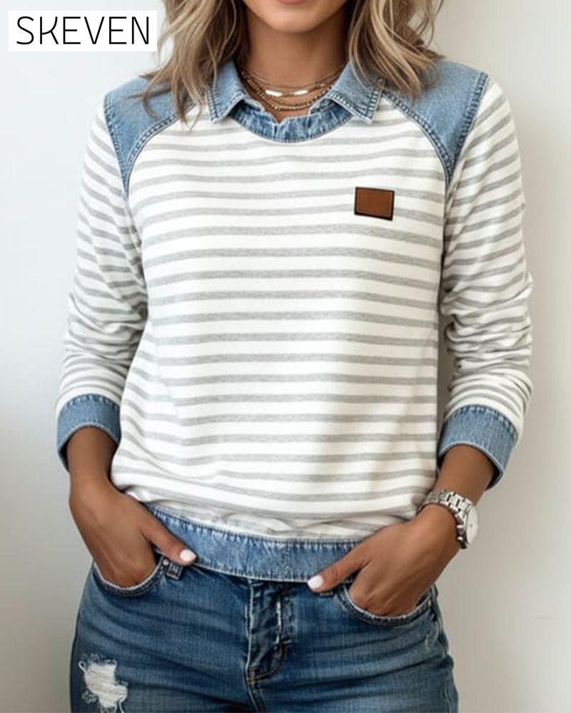 Denim-Farbblock-Streifen-Sweatshirt