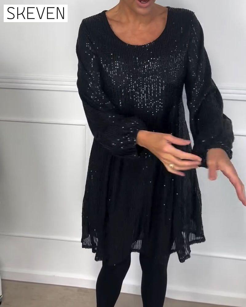 Elegantes, paillettenbesetztes A-Linien-Kleid mit Laternenärmeln