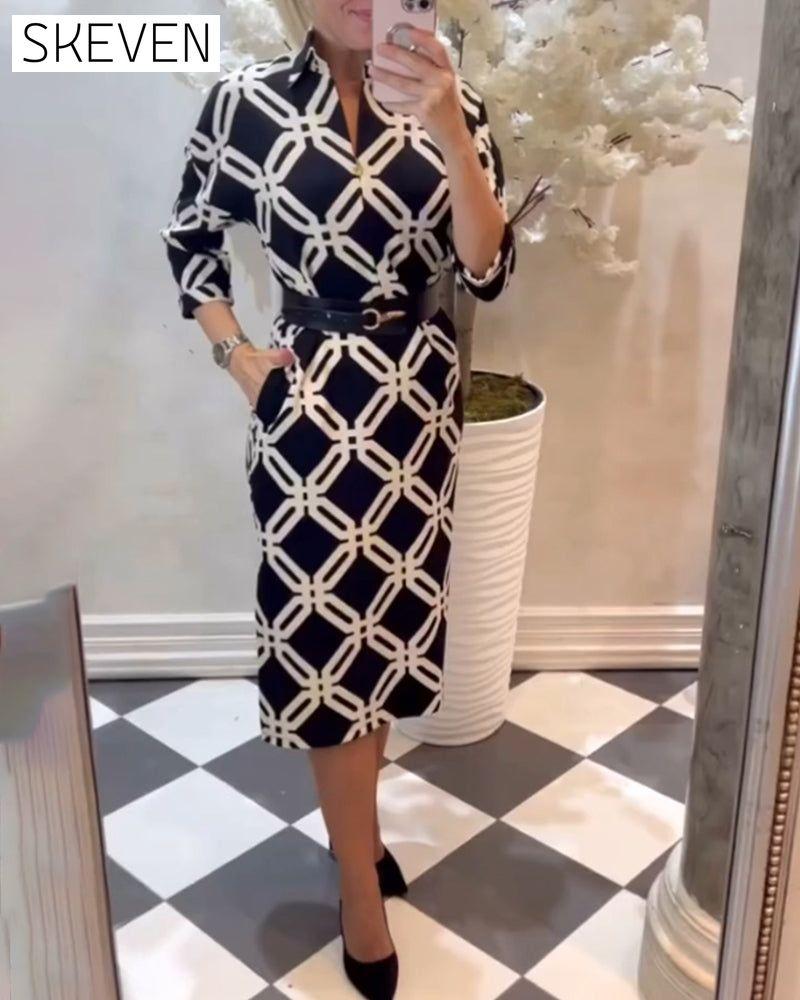 Geometric print side slit elegant dress
