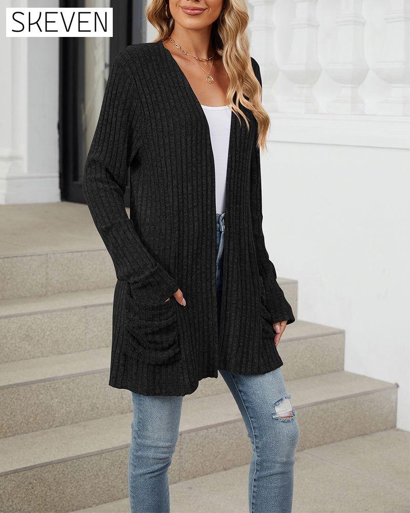 Casual solid color pocket long sleeve cardigan