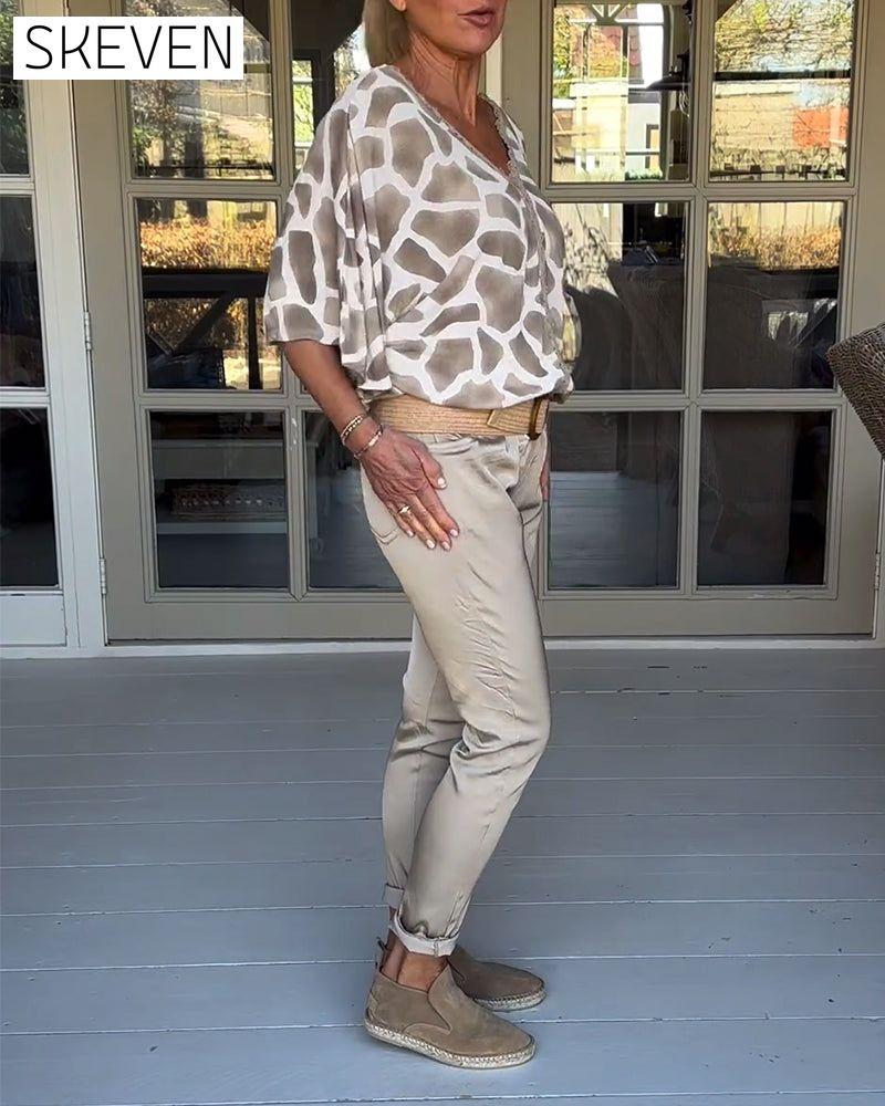 Elegant printed V-neck bat sleeves blouse