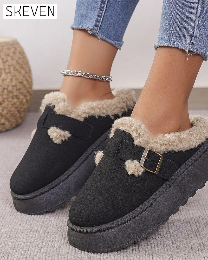 Thick-soled plush buckle warm slippers