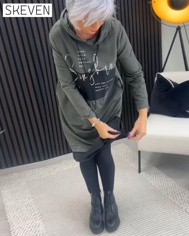 Casual color block letter print pocket hooded dress