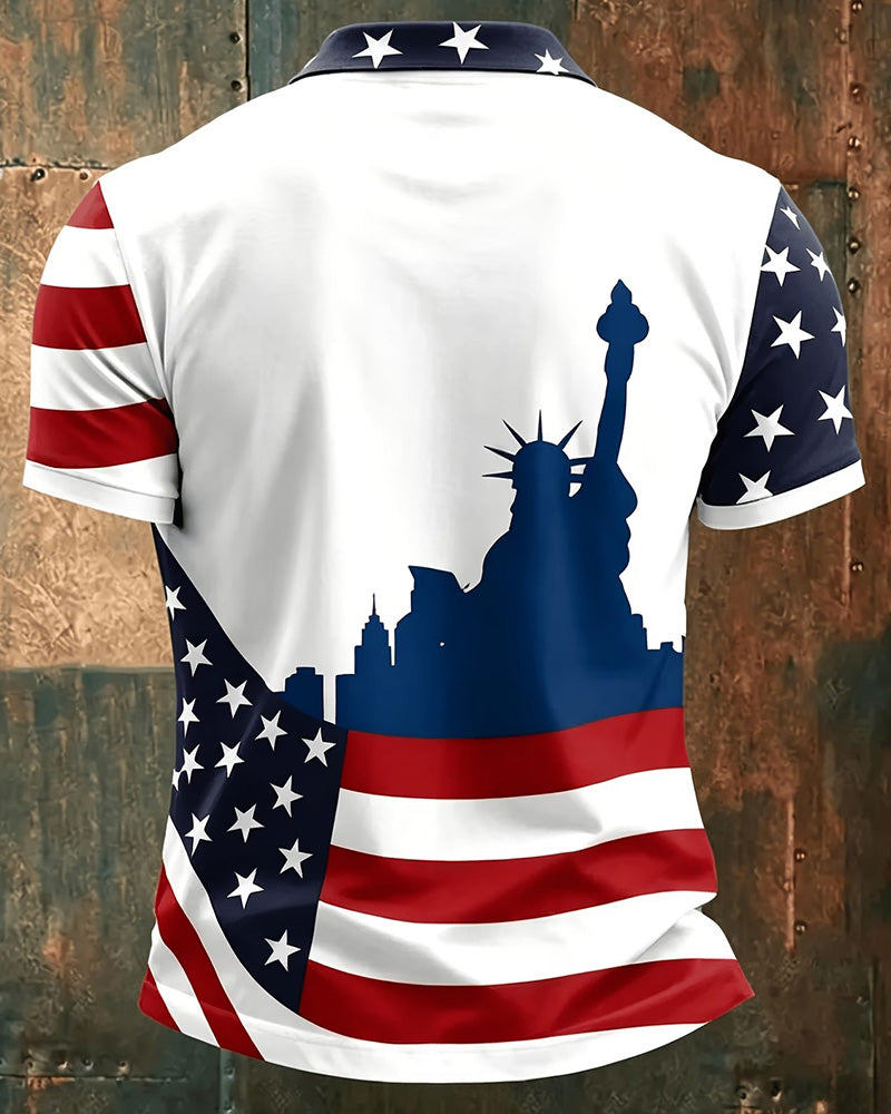 Stars And Stripes Print Lapel Button T-Shirt