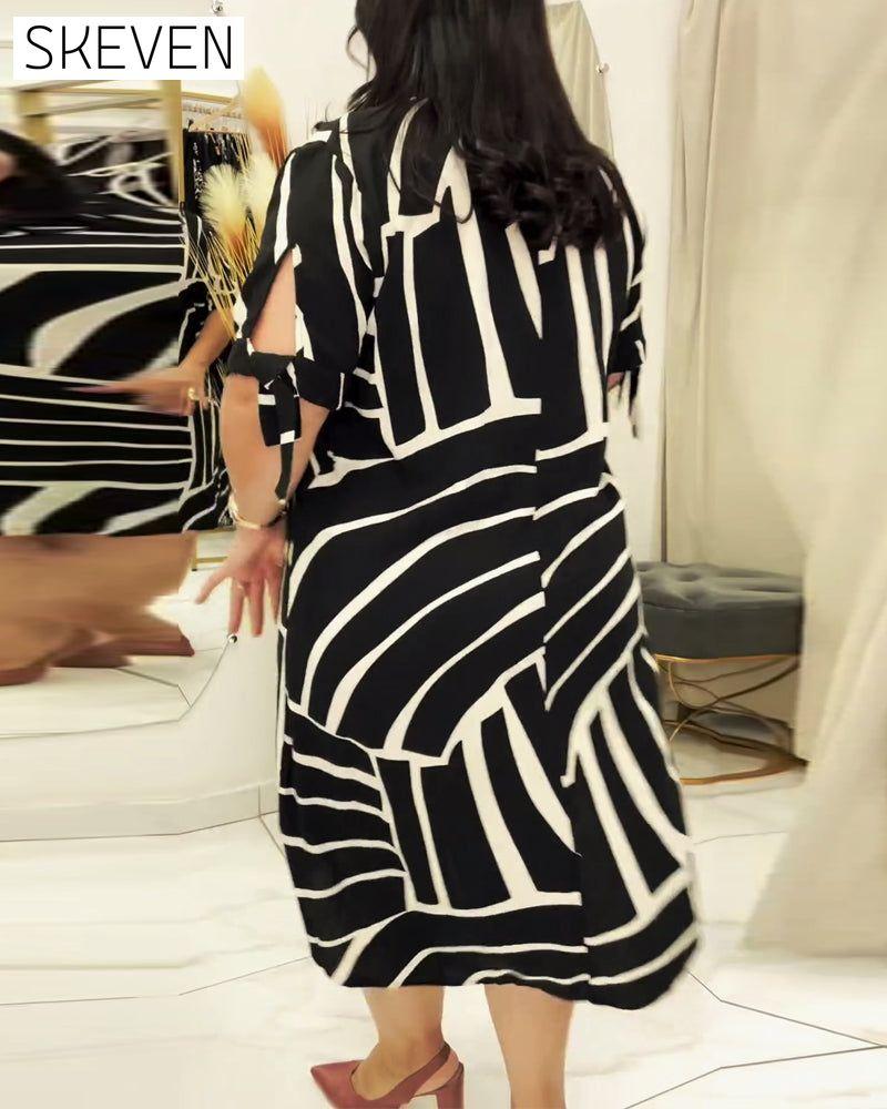 Lapel button line print dress