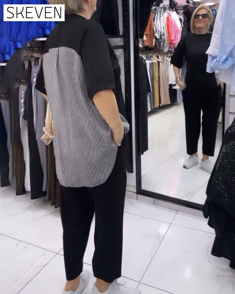 Pinstripe patchwork casual blouse blouses & shirts summer