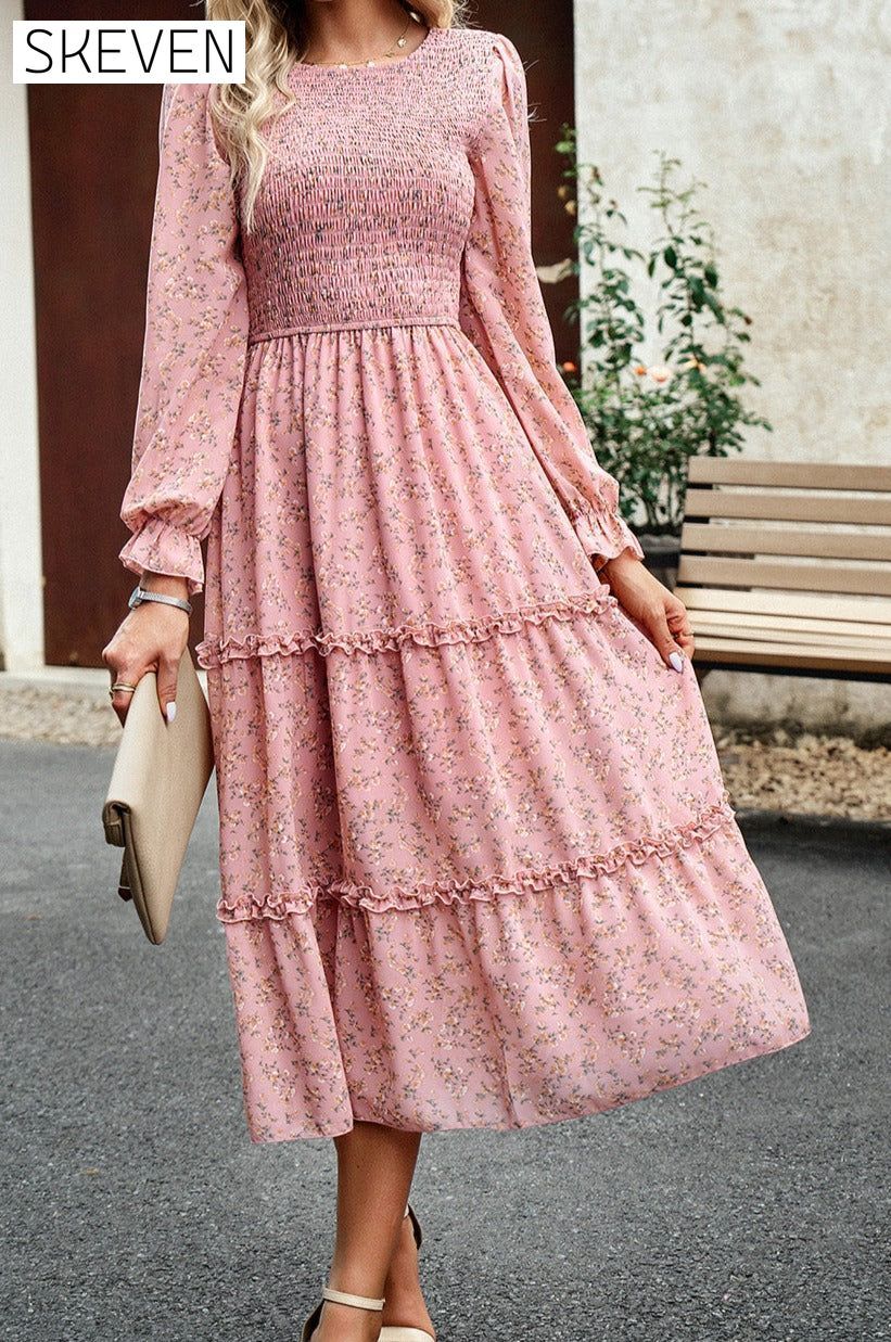 Smocked Flounce Sleeve Midi Dress clothes DY Ship From Overseas trendsi