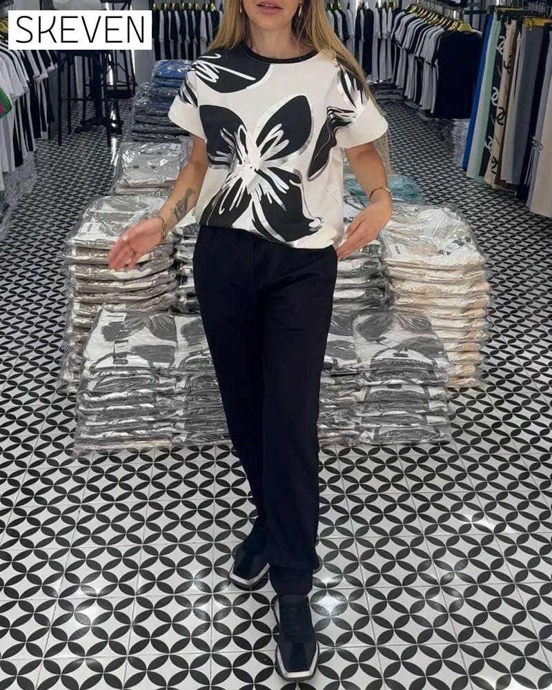 Floral print crewneck casual t-shirt