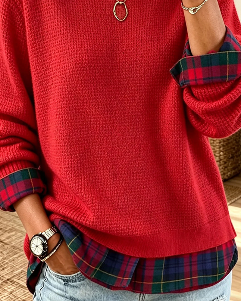 Round Neck Plaid Patchwork Fake Two Piece Pullover