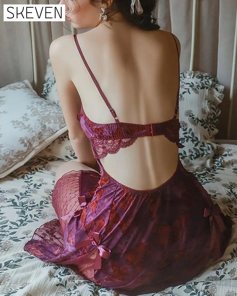 Women's Slim Fit Low V Lace-Up Butterfly Print Camisole Nightgown with Bralette and Backless Loungewear Set