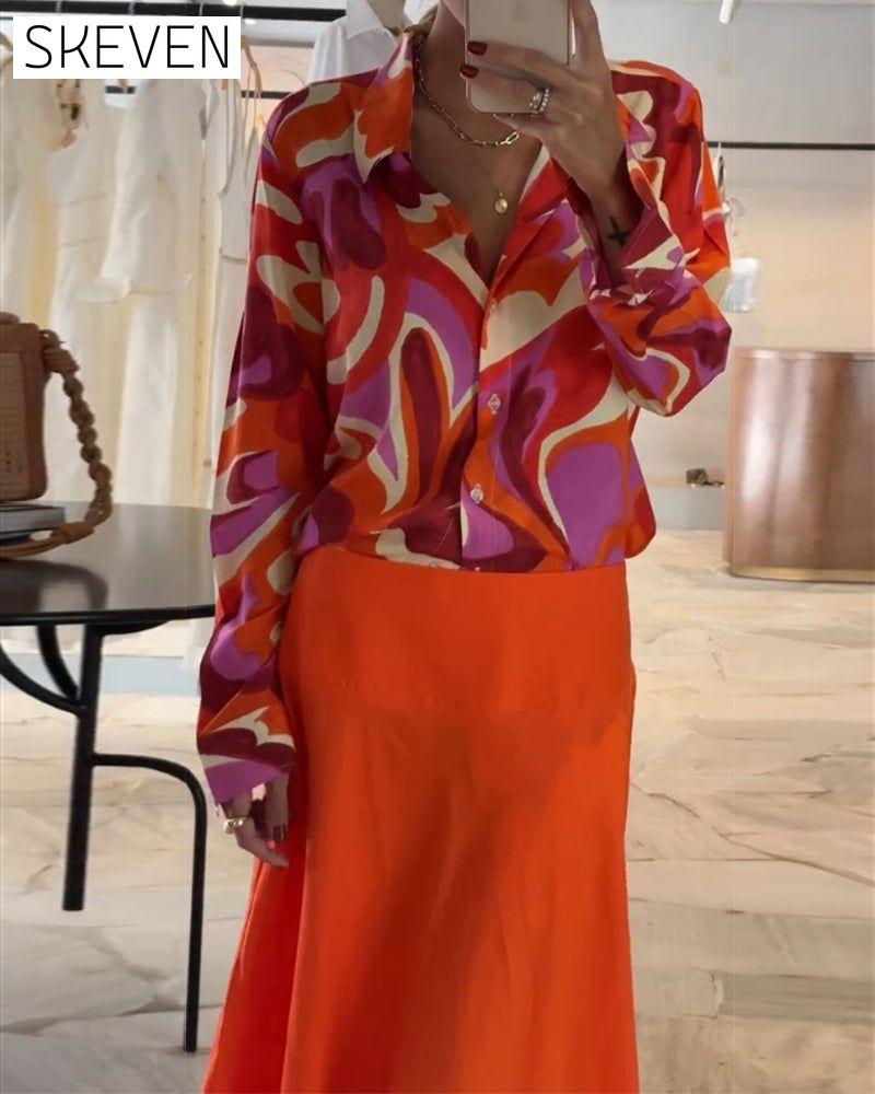 Lapel Colorful Printed Blouse with Buttons