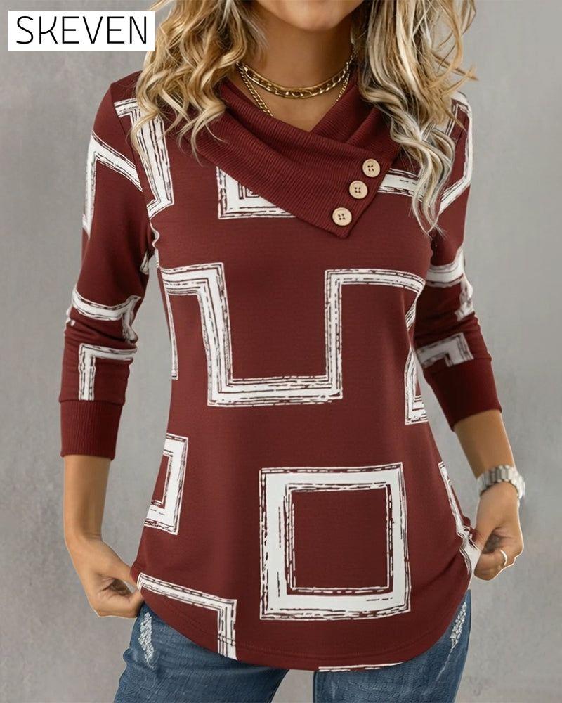Long-Sleeved Slanted-Neck Graphic Print Top