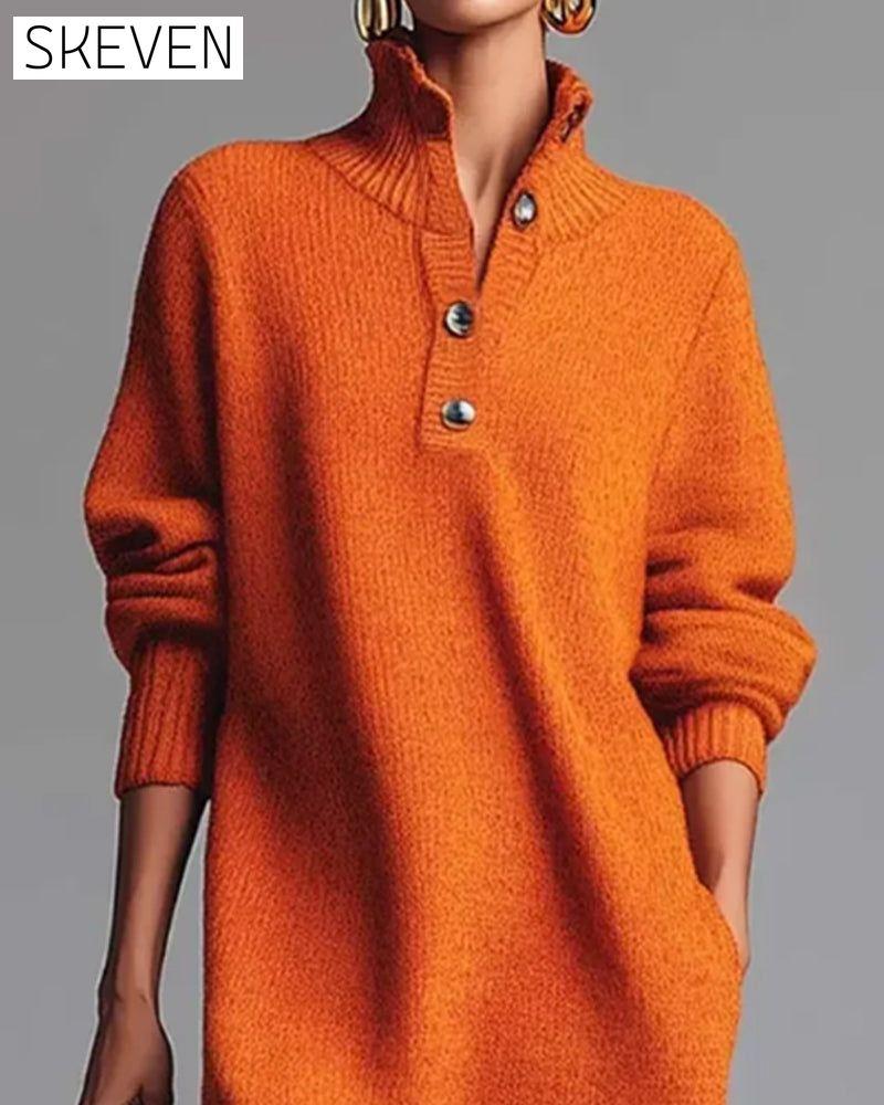 Solid Color Button High Neck Dress