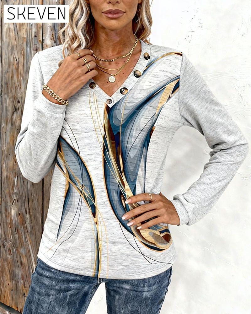Printed V-Neck Long-Sleeved Casual Top