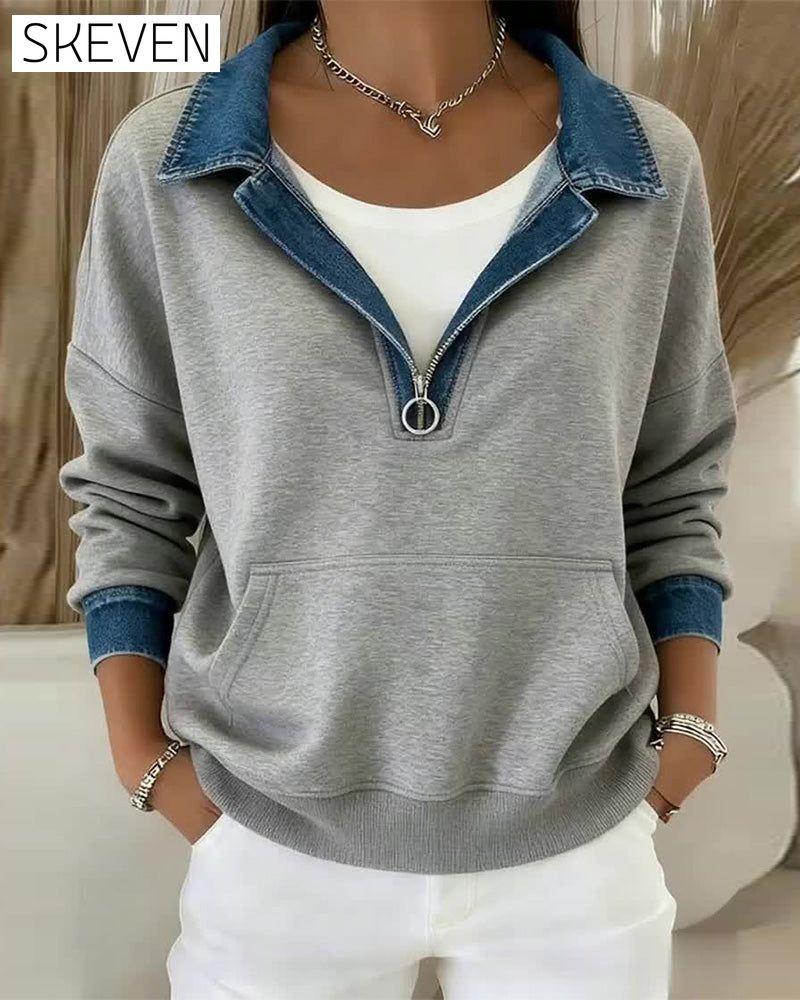 Sweatshirt mit kontrastfarbenen Ziernähten am Revers