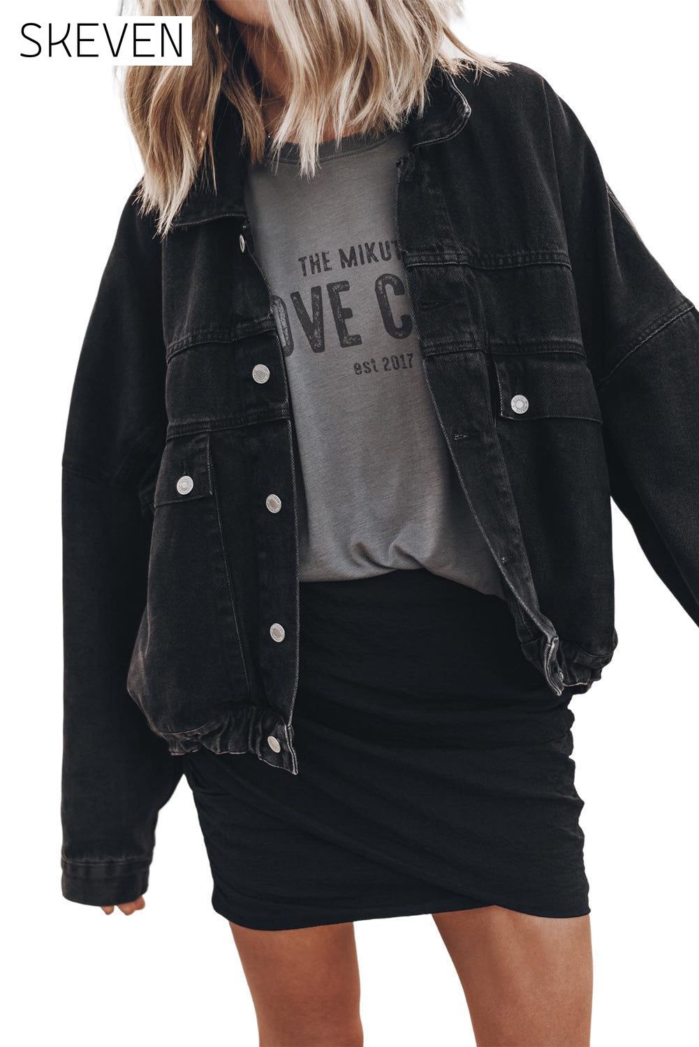 Black Metal Buttons Flap Pocket Drop Shoulder Denim Jacket All In Stock clothes EDM Monthly Recomend Fabric Denim Jackets & Coats Occasion Daily Print Solid Color Season Winter Style Casual